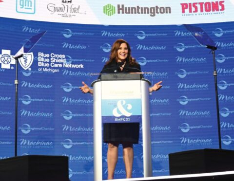 Gov. Gretchen Whitmer speaking at the 2023 Mackinac Policy Conference