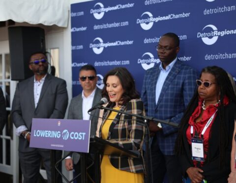 Gov. Gretchen Whitmer and other state leaders announce a new housing-production goal at the 2024 Mackinac Policy Conference
