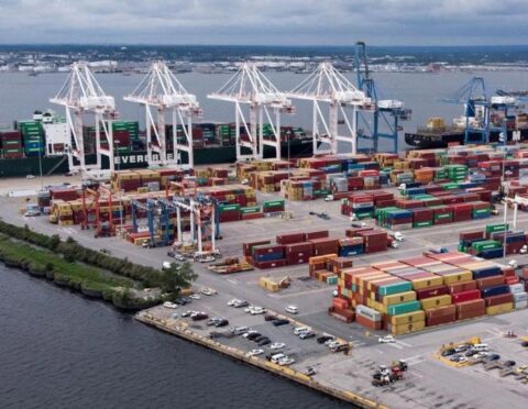 Shipping containers sit piled at the Port of Baltimore on September 21, 2018.