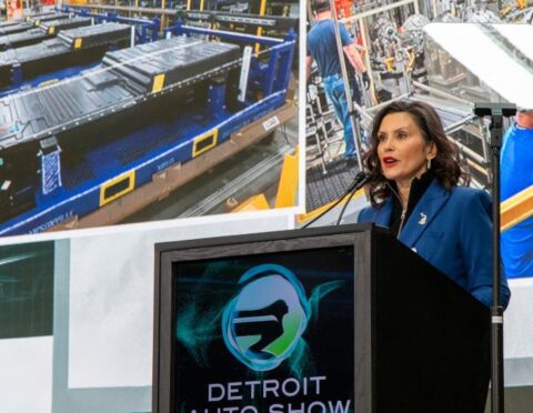 Gov. Gretchen Whitmer speaks at the 2025 Detroit Auto Show