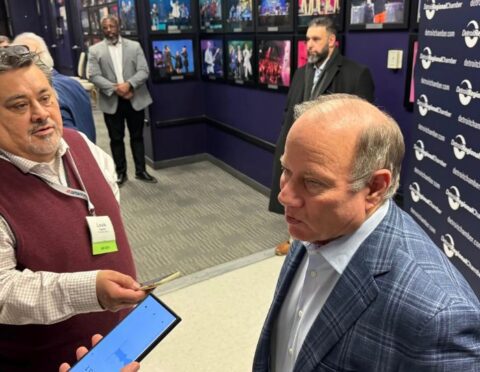 Mike Duggan answers reporters' questions after giving a talk at the Detroit Policy Conference.