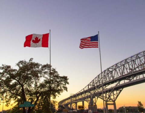 The twin spans of the Blue Water Bridges international crossing between the cities of Port Huron, Michigan and Sarnia,